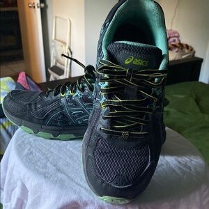 Asics Black and Green Athletic Shoes with Cushioned Soles